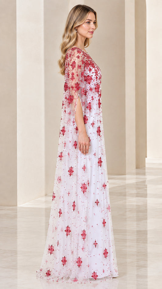 White maxi dress with red sequin embroidered sheer cape side angle view