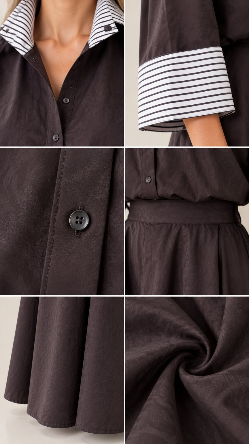 Detailed close-up of striped collar, cuffs, buttons, and fabric texture