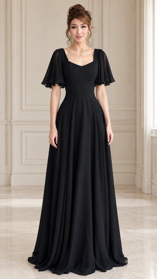 Front view of black sweetheart flutter sleeve chiffon maxi dress