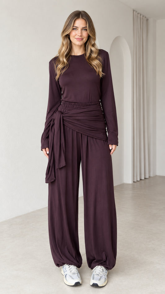 Women's plum 2-piece long sleeve top and draped tie-waist wide-leg pants set front view