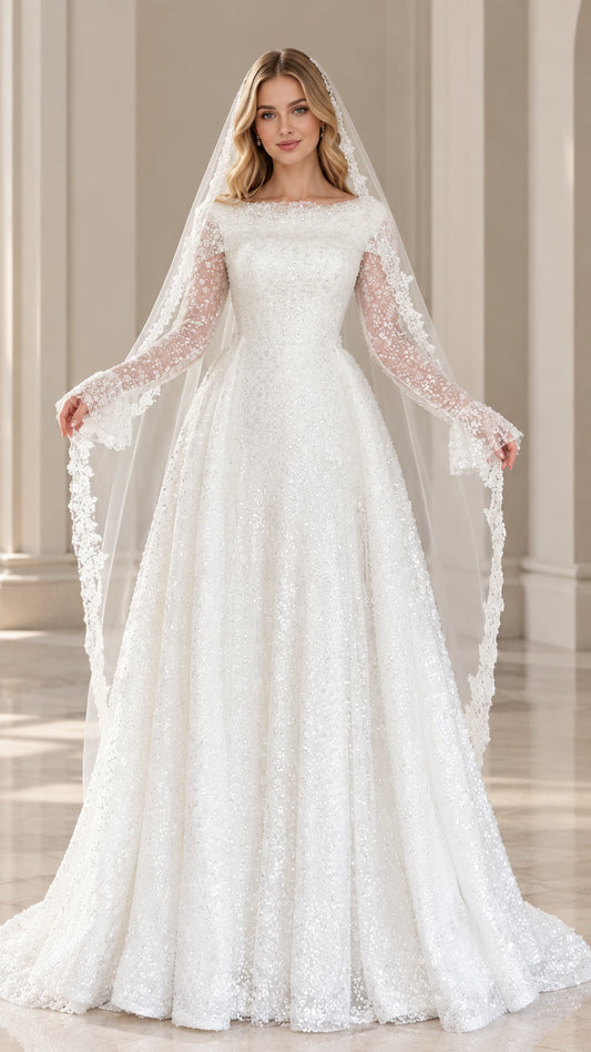 Front full view of white long sleeve sequin lace A-line bridal gown with veil