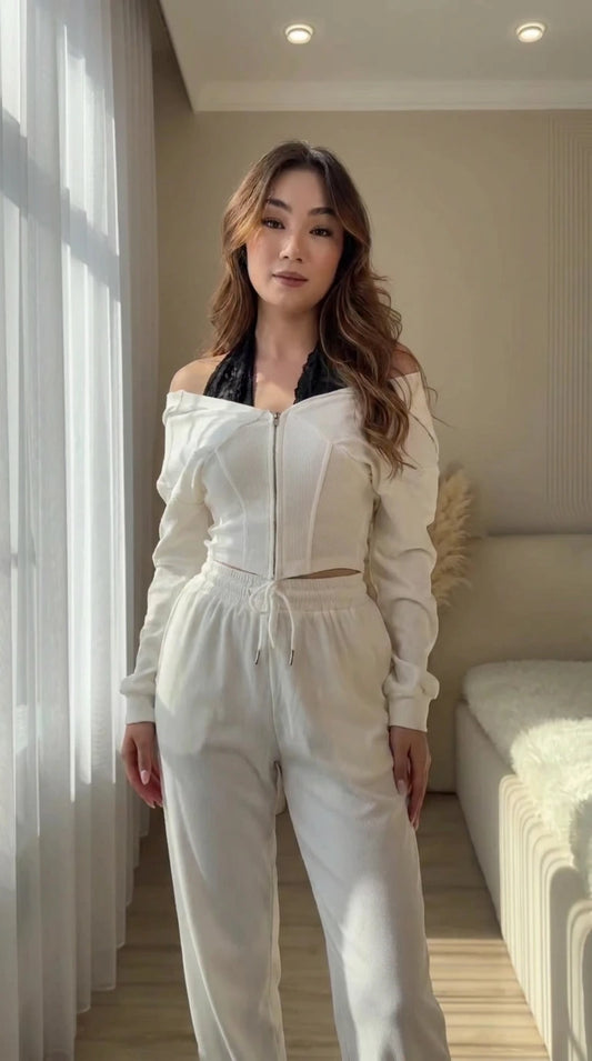 Women's white off-shoulder zip hoodie and wide-leg sweatpants set front view