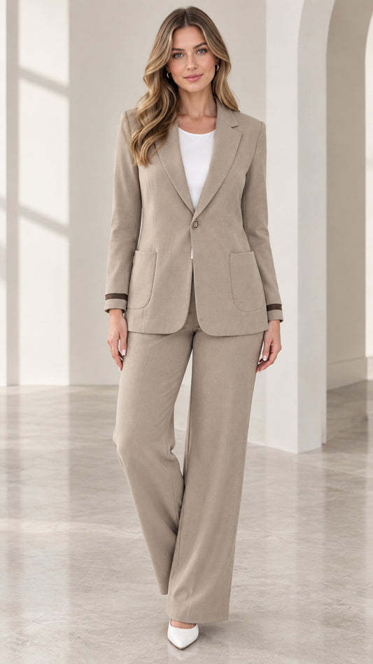 Front full-length view of woman wearing taupe tailored blazer and pant suit set