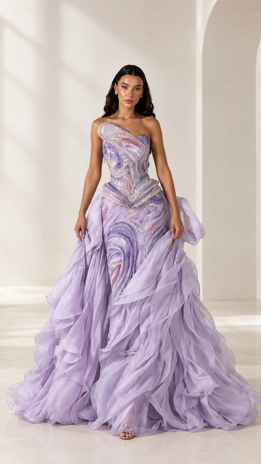 Front full-length view of model wearing lavender one-shoulder embellished ruffle formal gown