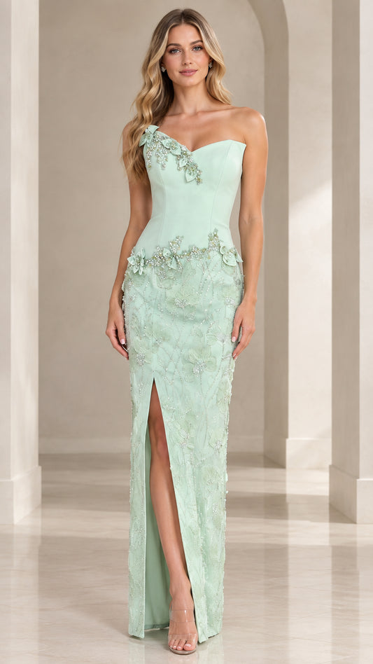 Front view of mint green one-shoulder evening dress with floral appliqué and slit