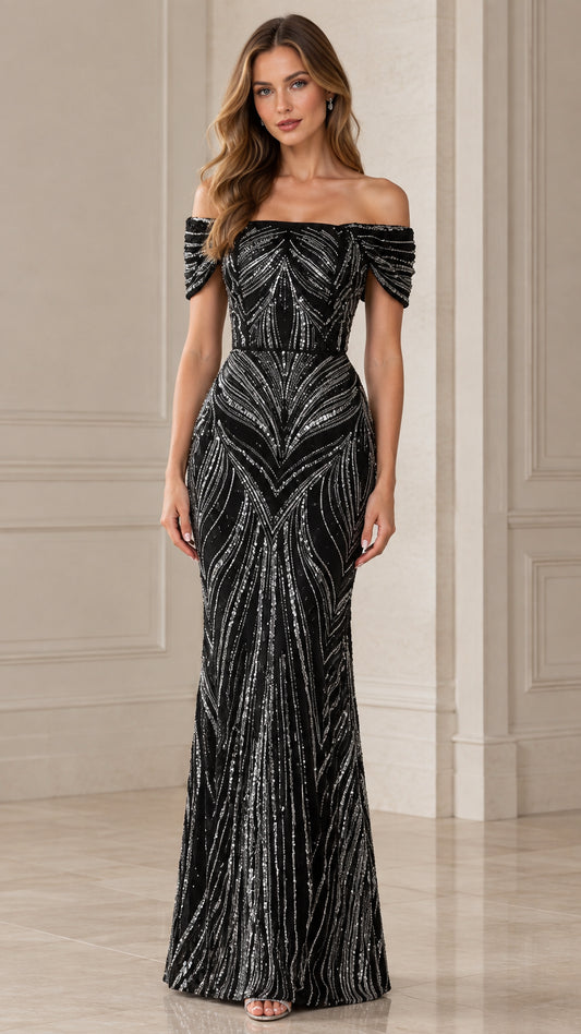 Full front view of model wearing black off-the-shoulder sequin mermaid evening gown