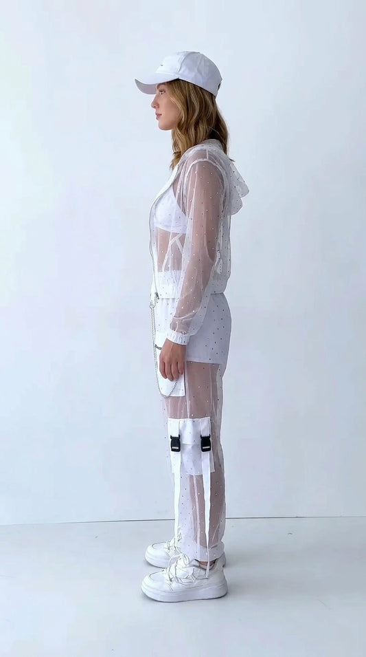 Side profile of white sheer mesh festival cargo set with buckle straps