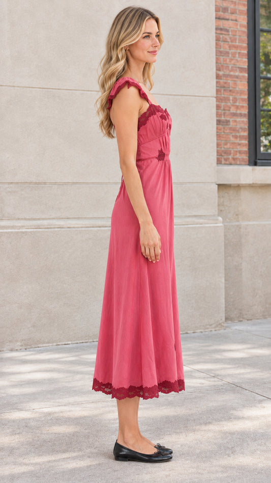 Side profile of model wearing Rose Pink ruffle strap midi dress