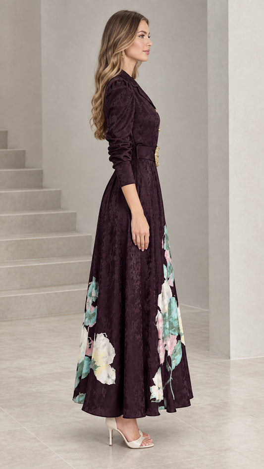 Side angle view of Deep Plum floral jacquard maxi dress highlighting structured fit and silhouette