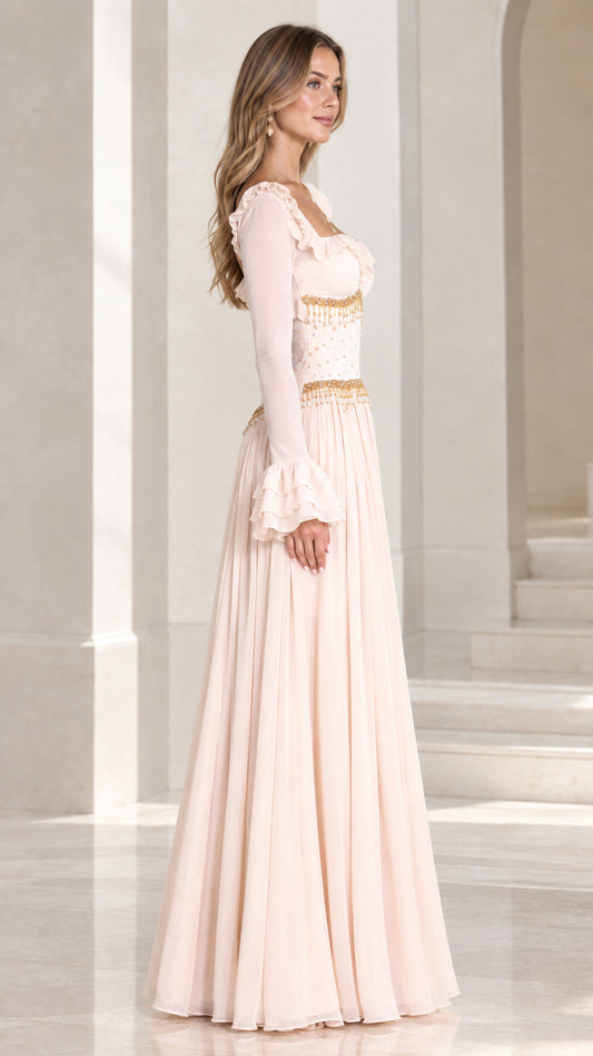Champagne long sleeve formal gown side profile view