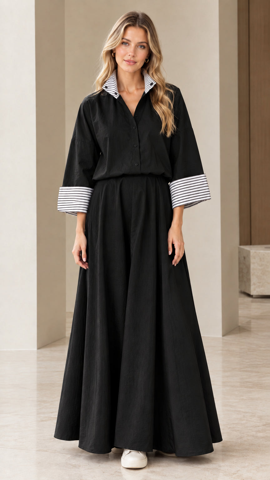 Black two-piece shirt and maxi skirt set with striped collar and cuffs