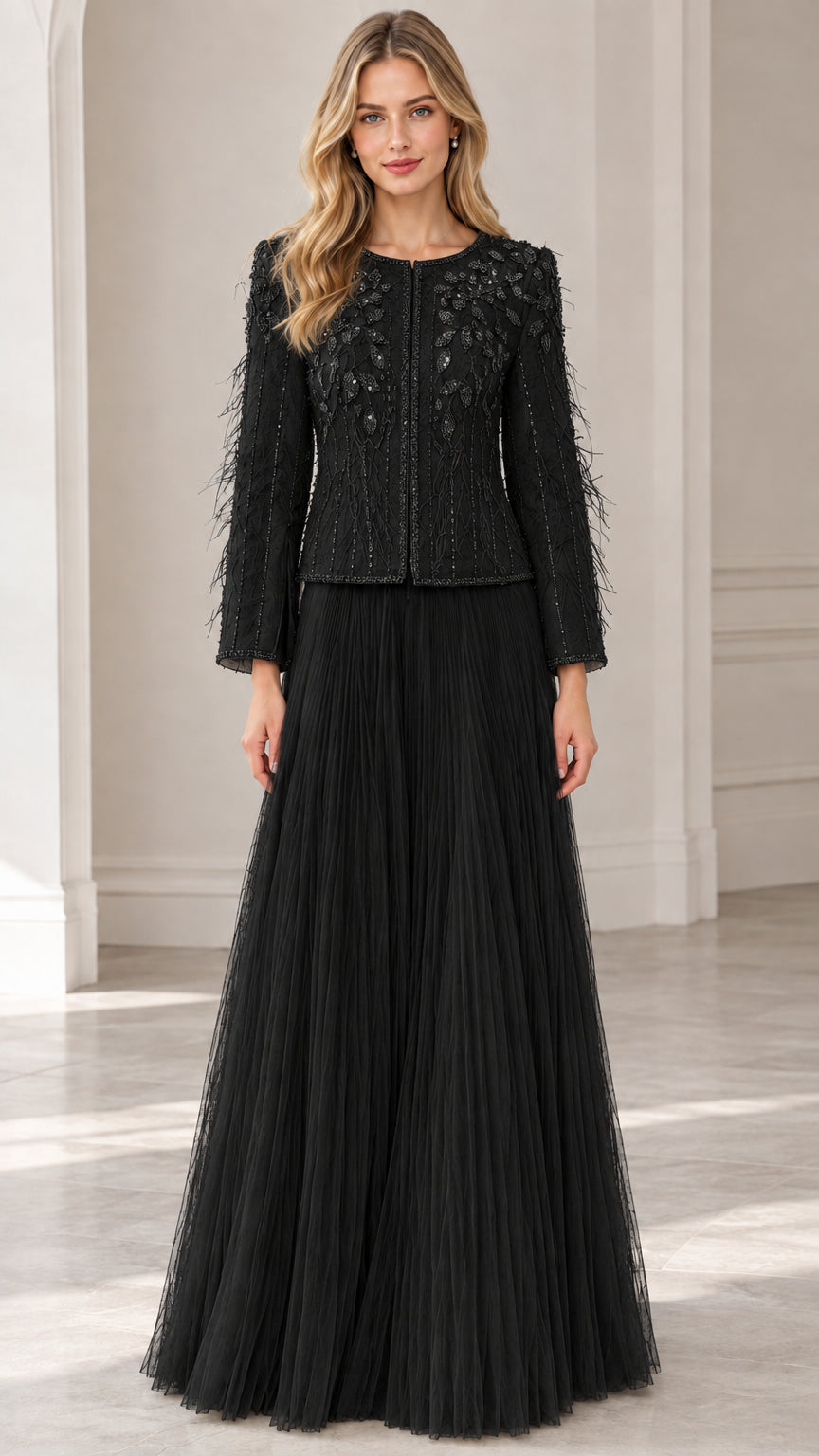 Black beaded jacket and pleated tulle maxi skirt formal two-piece set