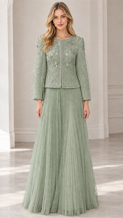 Sage green beaded two-piece formal evening dress set with pleated maxi skirt