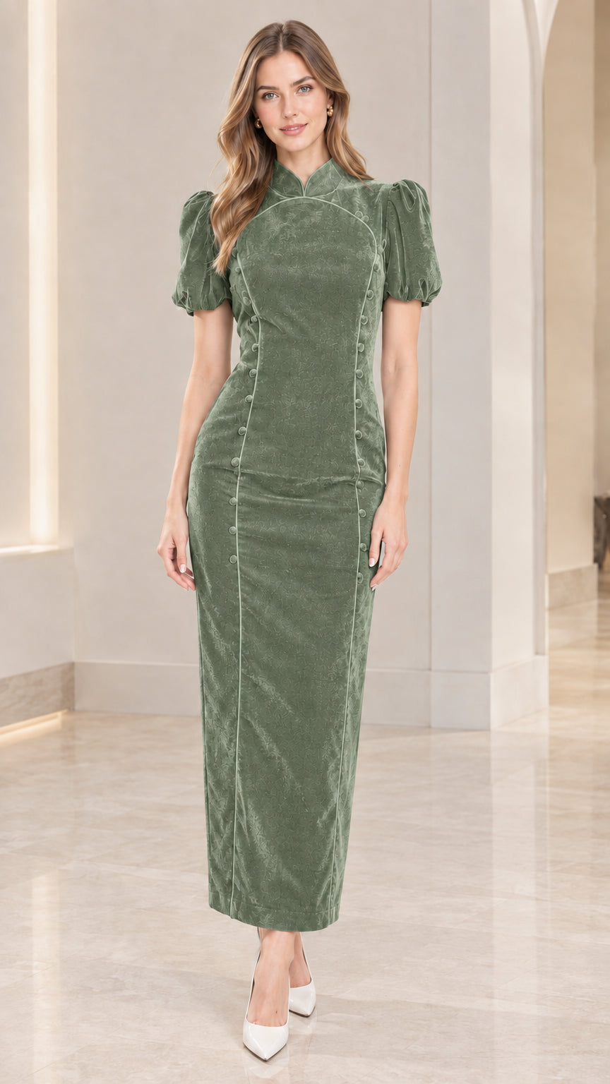Full-length front view of model in Sage Green Mandarin Collar Velvet Maxi Dress