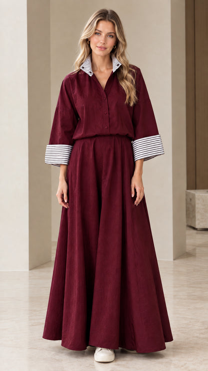 Burgundy wine red button-up shirt and maxi skirt coordinating set
