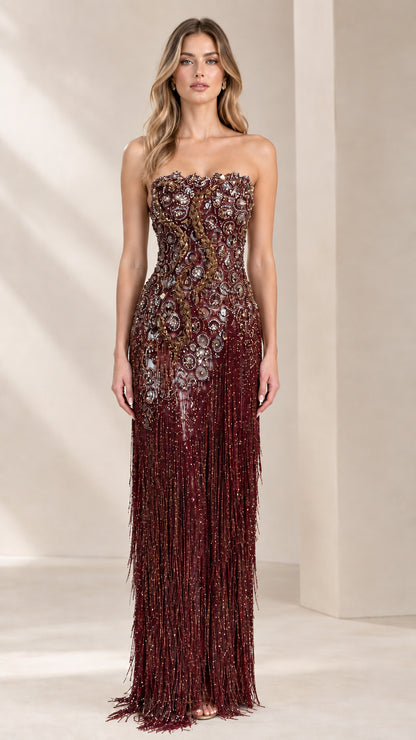 Strapless beaded fringe evening gown in Burgundy