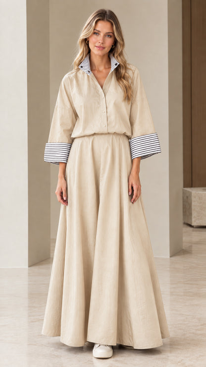 Beige neutral tone shirt and flowing maxi skirt two-piece set